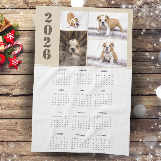 Jaar 2026 Kalender Hond Pet 4 Fotocollage Theedoek