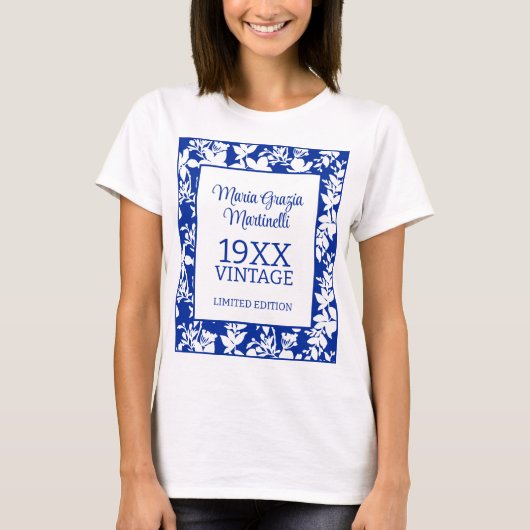  Jaar Chique Blauw Wit Bloemen Verjaardag T-shirt (Voorkant)