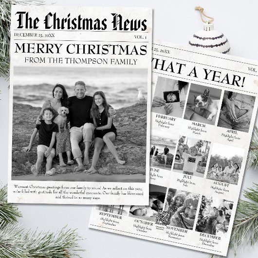 Jaar in de Review krant Kerstmis Familiefoto Feestdagenkaart