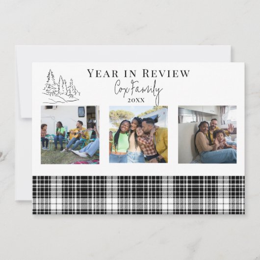 Jaar in de Review Minimalistisch Zwart-wit Plaid Feestdagenkaart (Voorkant)