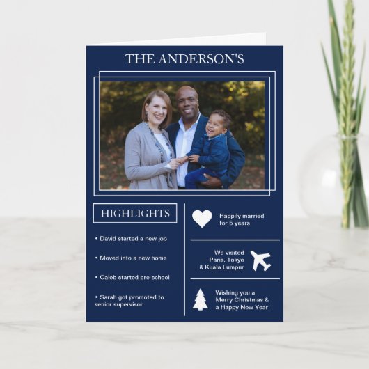 Jaar in Review | Blauwe kerstinfografisch Feestdagen Kaart (Voorkant)