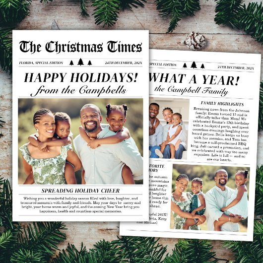 Jaar in Review Classic Krant Kerstfoto Feestdagenkaart