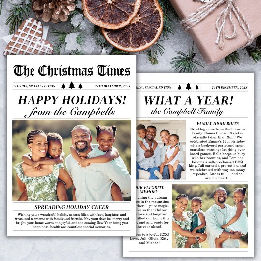 Jaar in Review Classic Krant Kerstfoto Feestdagenkaart