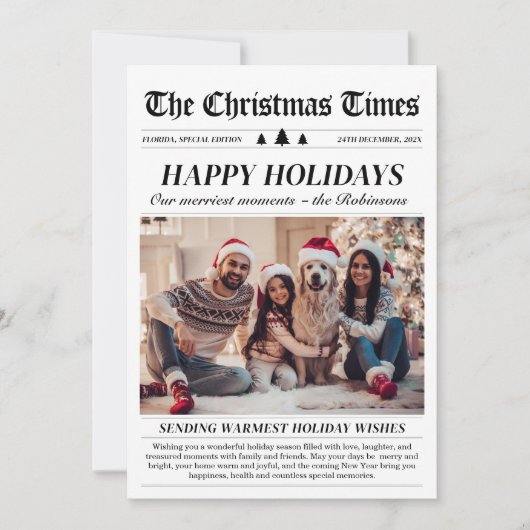 Jaar in Review Krant Familiefoto Uniek Gelukkig Feestdagenkaart (Voorkant)