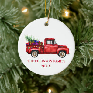  jaar kerstboom met rode vrachtwagen met cadeautje keramisch ornament