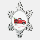  jaar kerstboom met rode vrachtwagen met cadeautje tin sneeuwvlok ornament (Rechts)