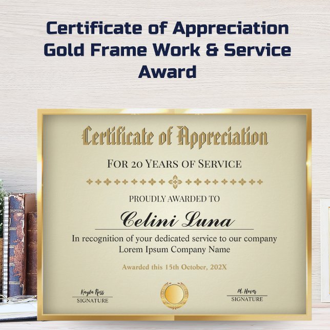 Jaar Service Certificaat - Professioneel Goud (Certificate of Appreciation - Gold Frame Work & Service Award)
