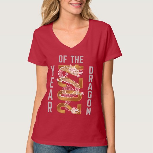 Jaar van de Draak Jaar 2024 Wit Grijs Goud T-shirt (Voorkant)