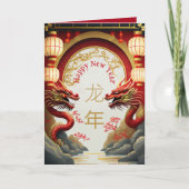 Jaar van de Dragon Holiday Cards 2024 Rood Goud Feestdagen Kaart (Voorkant)