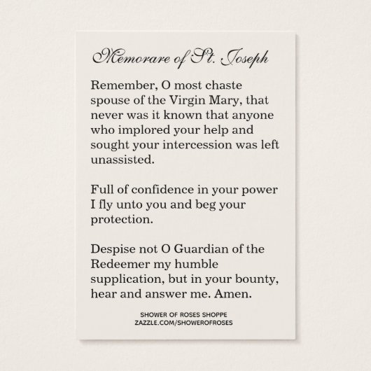 Jaar van de heilige Joseph Memorare Prayer Katholi Visitekaartje (Achterkant)