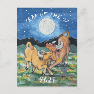 Jaar van de Os Chinees Nieuwjaar Zodiac Whimsical Feestdagenkaart