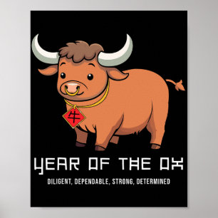 Jaar van de os Schattig Kawaii Chinese Zodiak Chin Poster