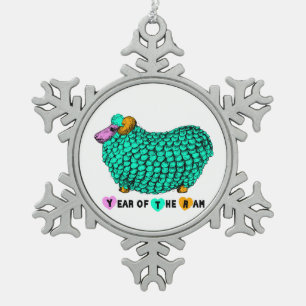 Jaar van de Ram - Grappige Ram in Groen Tin Sneeuwvlok Ornament