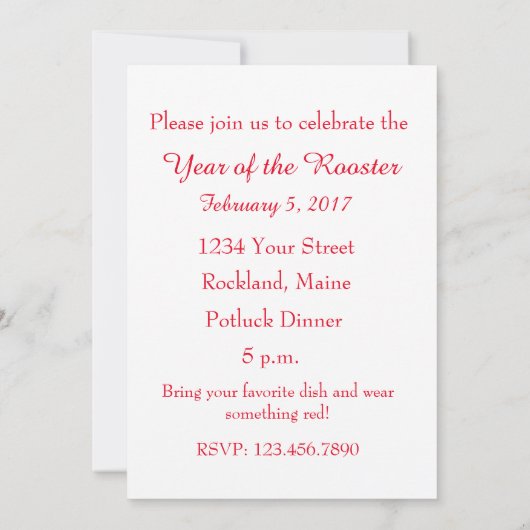Jaar van de Rooster Party Uitnodiging (Achterkant)