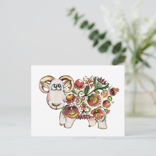 Jaar van een schaap - Oekraïens Petrykivsky Schild Briefkaart (Staand voorkant)