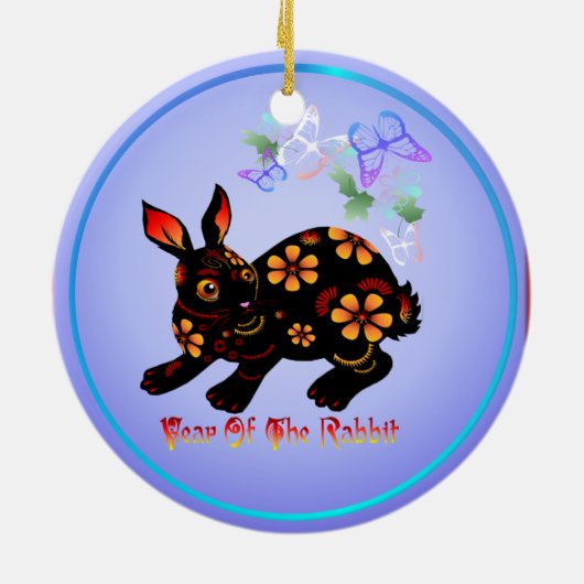 Jaar van het konijn in zwarte sierplanten keramisch ornament (Achterkant)