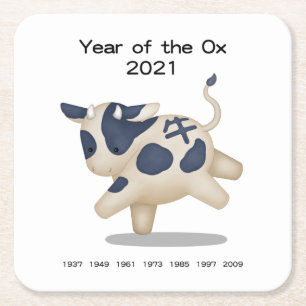 Jaar van het Ox Cute Zodiac Animal 2021 Kartonnen Onderzetters
