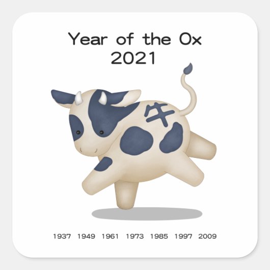 Jaar van het Ox Cute Zodiac Animal 2021 Vierkante Sticker (Voorkant)