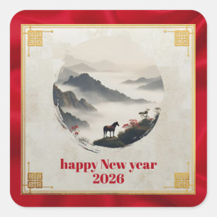 Jaar van het Paard 2026 Chinees Nieuwjaar Berg Vierkante Sticker