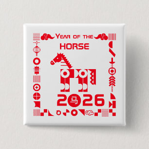 Jaar van het Paard 2026 Vierkante Button 5,1 Cm