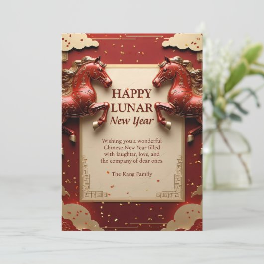 Jaar van het Paard Rood & Goud 2026 Chinees Nieuwj Feestdagenkaart (Staand voorkant)