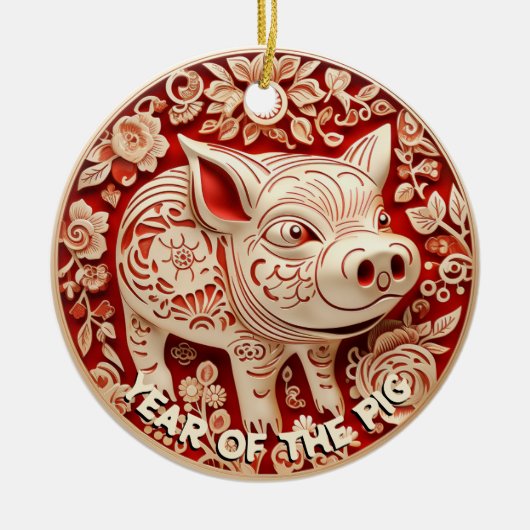 Jaar van het Pig Red en Gold Chiyogami Ornament (Voorkant)