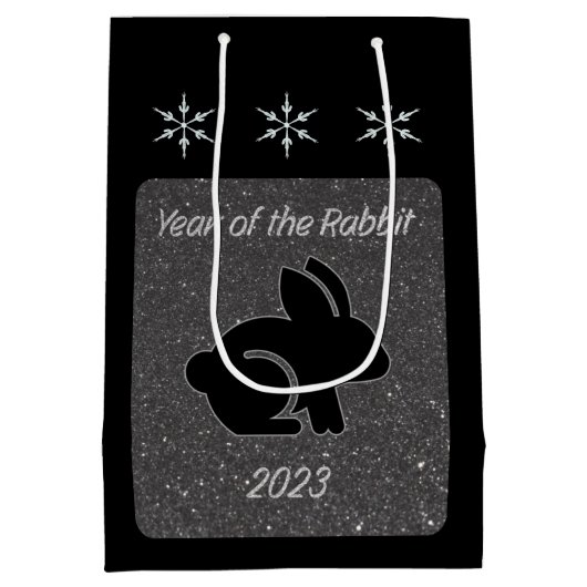 Jaar van het Rabbit Black Glitter Design Medium Cadeauzakje (Achterkant)