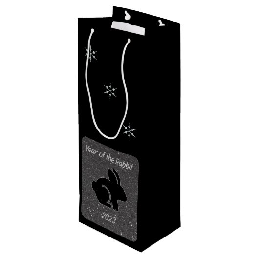 Jaar van het Rabbit Black Glitter Design Wijn Cadeautas (Achterkant Gekanteld)