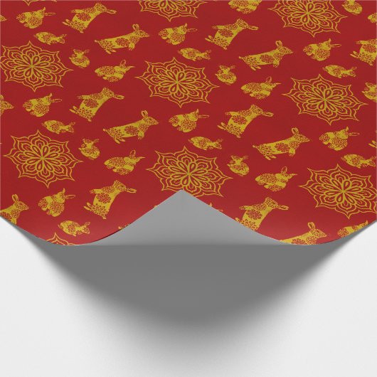 Jaar van het Rabbit Red en Gold Mandala Pattern Cadeaupapier (Hoek)