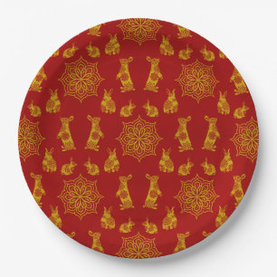 Jaar van het Rabbit Red en Gold Mandala Pattern Papieren Bordje