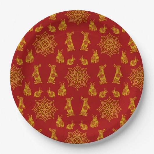 Jaar van het Rabbit Red en Gold Mandala Pattern Papieren Bordje (Voorkant)