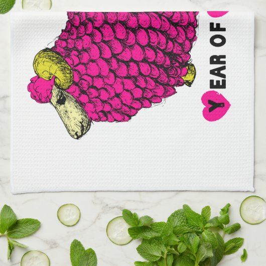 Jaar van het Ram Schaap of Geit Roze Keuken Handdo Theedoek (Gevouwen)