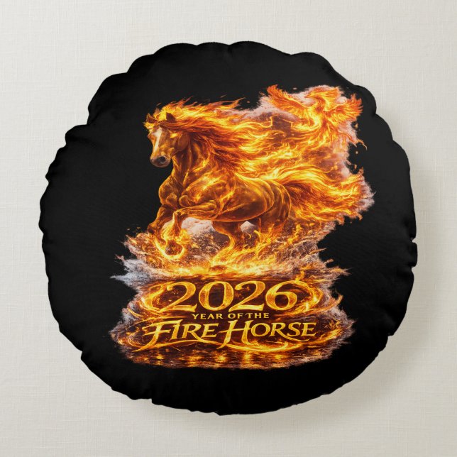 Jaar van het Vuurpaard 2026 Rond Kussen (Voorkant)