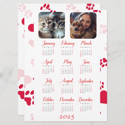 jaarkalender met rode pootafdrukken menu (Voorkant / Achterkant)