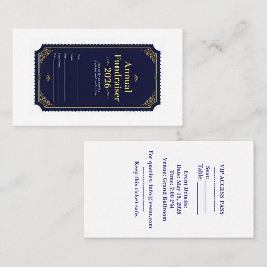 Jaarlijks Fundraiser Gala Ticket 2026 | Navy Goud (Voorkant / Achterkant)