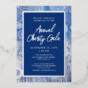 Jaarlijks Gala Blauw Abstract Waterverf Zilver Fol Folie Uitnodiging
