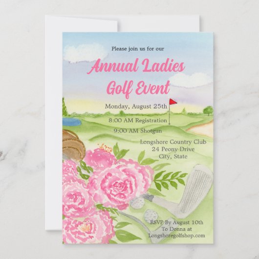 Jaarlijks golfuitje met pioenen op de golfbaan kaart (Voorkant)