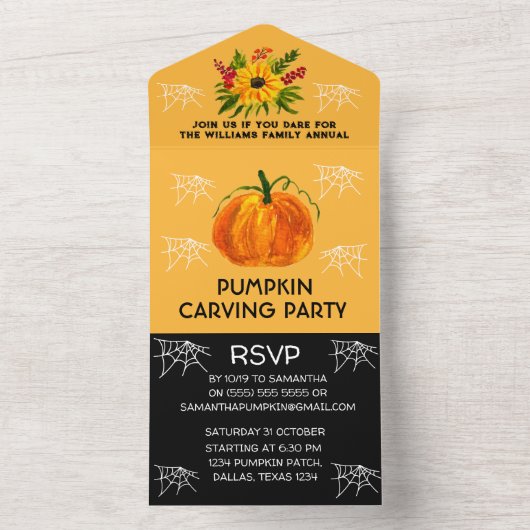 Jaarlijkse familiepumpkin Carving Party Halloween All In One Uitnodiging (Binnen)