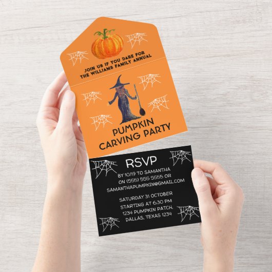 Jaarlijkse familiepumpkin Carving Party Halloween All In One Uitnodiging (Afscheurbaar)