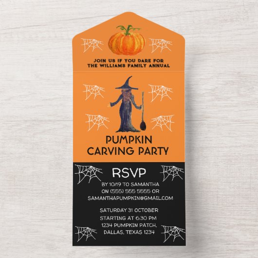 Jaarlijkse familiepumpkin Carving Party Halloween All In One Uitnodiging (Binnen)