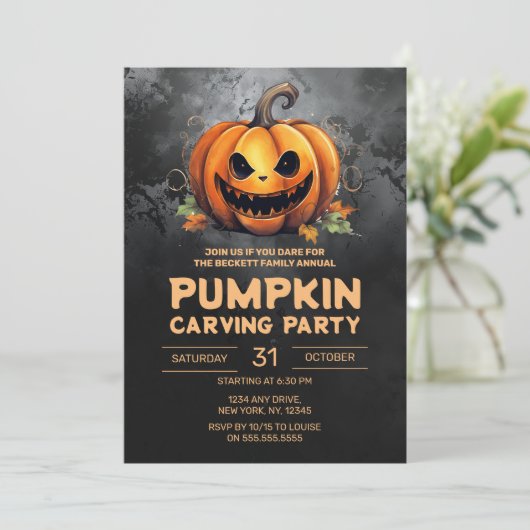 Jaarlijkse familiepumpkin Carving Party Halloween Kaart (Staand voorkant)