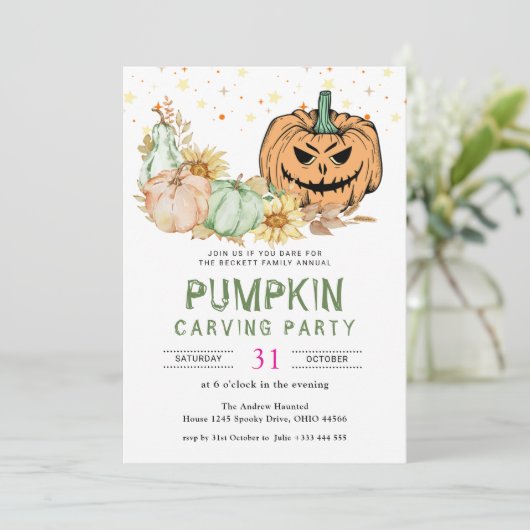 Jaarlijkse familiepumpkin Carving Party Halloween Kaart (Staand voorkant)