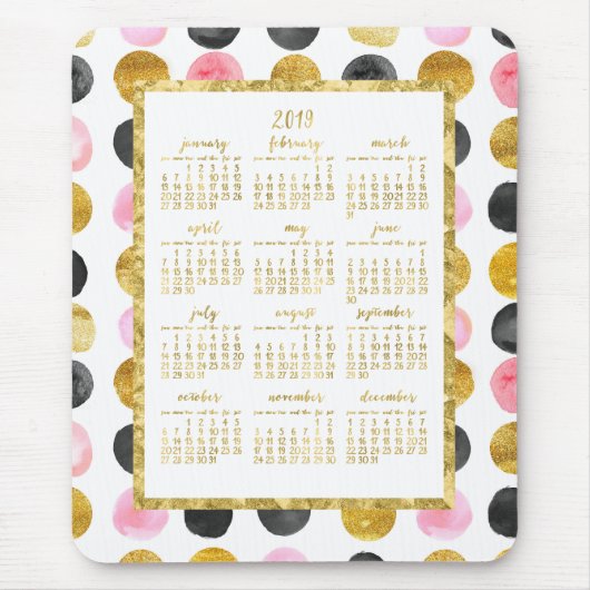Jaarlijkse kalender 2019 Muismatten Roze en Gold S (Voorkant)