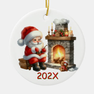 Jaarlijkse Kerstman Bij Het Vuur Keramisch Ornament