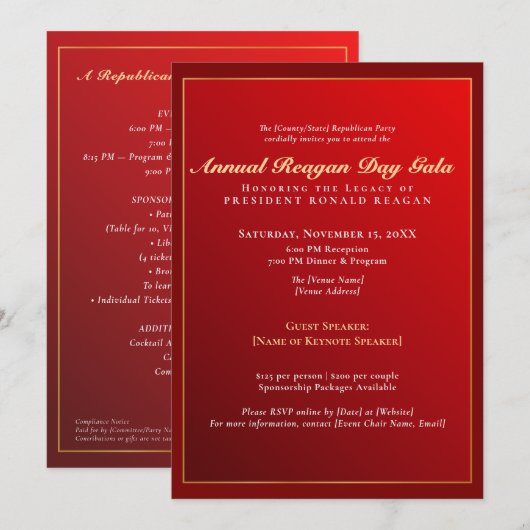 Jaarlijkse Reagan Day Gala Republikeinse inzamelin Kaart (Voorkant / Achterkant)