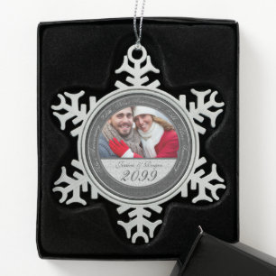 Jaarspecifieke Zilverbruiloft Annivesary Foto Tin Sneeuwvlok Ornament