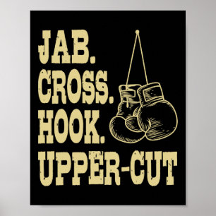 Jabs. Kruis. Hook. Boxing-trainer bovenaan Poster