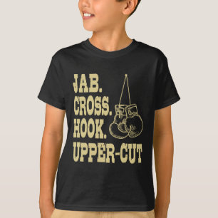 Jabs. Kruis. Hook. Boxing-trainer bovenaan T-shirt