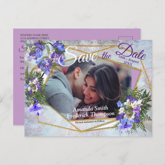 Jacaranda Blooms en Lily Bouquet redden de Dates Aankondigingskaart (Voorkant / Achterkant)