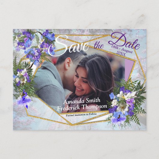 Jacaranda Blooms en Lily Bouquet redden de Dates Aankondigingskaart (Voorkant)